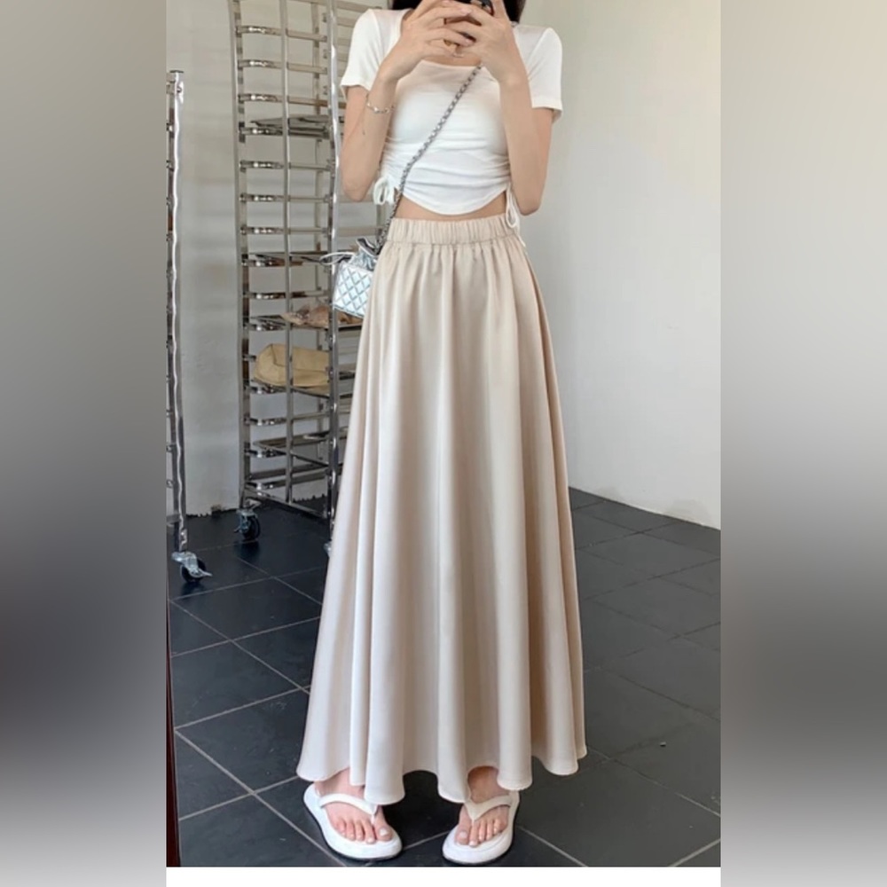 Tan Long A-Line Skirt with Elastic High Waist Elegant Casual Long Skirt_Spring